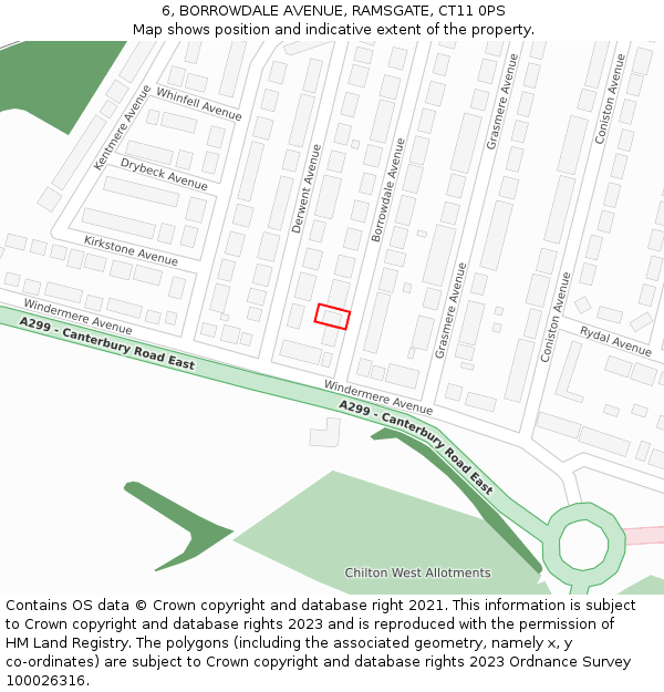 6, BORROWDALE AVENUE, RAMSGATE, CT11 0PS: Location map and indicative extent of plot