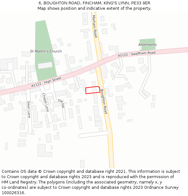 6, BOUGHTON ROAD, FINCHAM, KING'S LYNN, PE33 9ER: Location map and indicative extent of plot