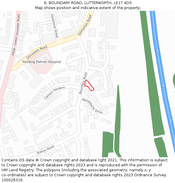 6, BOUNDARY ROAD, LUTTERWORTH, LE17 4DS: Location map and indicative extent of plot