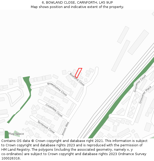 6, BOWLAND CLOSE, CARNFORTH, LA5 9UP: Location map and indicative extent of plot