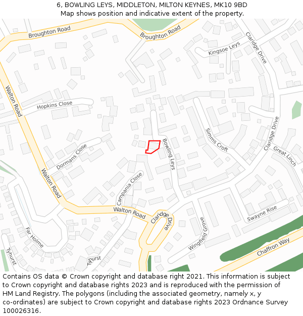 6, BOWLING LEYS, MIDDLETON, MILTON KEYNES, MK10 9BD: Location map and indicative extent of plot