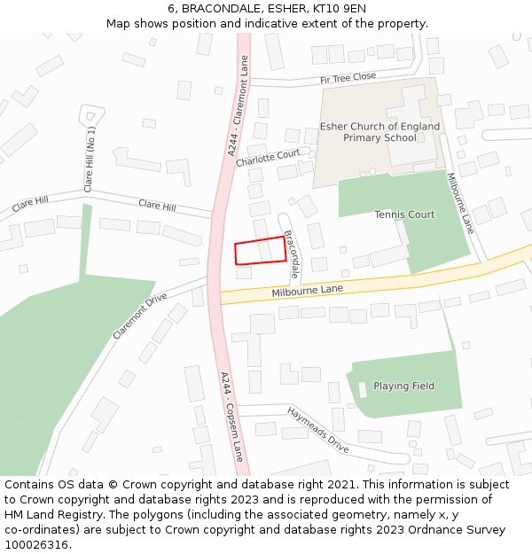 6, BRACONDALE, ESHER, KT10 9EN: Location map and indicative extent of plot