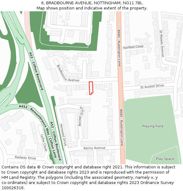 6, BRADBOURNE AVENUE, NOTTINGHAM, NG11 7BL: Location map and indicative extent of plot