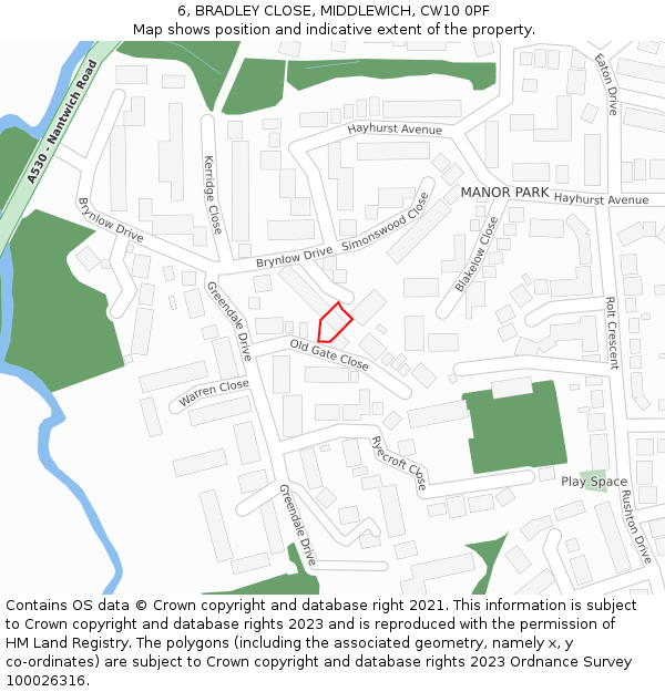 6, BRADLEY CLOSE, MIDDLEWICH, CW10 0PF: Location map and indicative extent of plot