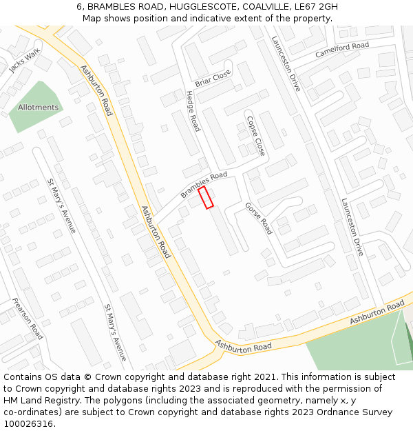 6, BRAMBLES ROAD, HUGGLESCOTE, COALVILLE, LE67 2GH: Location map and indicative extent of plot