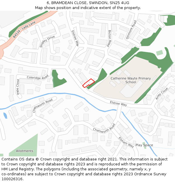 6, BRAMDEAN CLOSE, SWINDON, SN25 4UG: Location map and indicative extent of plot