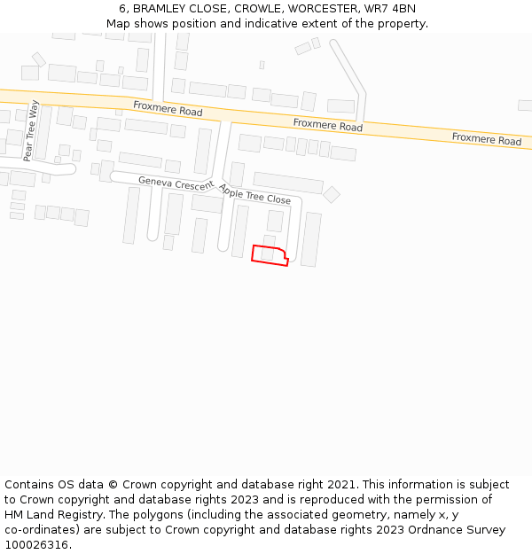 6, BRAMLEY CLOSE, CROWLE, WORCESTER, WR7 4BN: Location map and indicative extent of plot