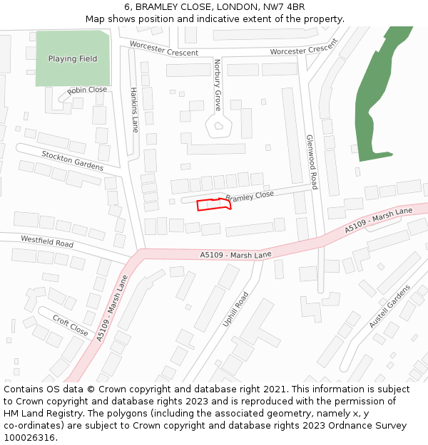 6, BRAMLEY CLOSE, LONDON, NW7 4BR: Location map and indicative extent of plot