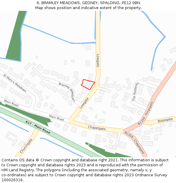 6, BRAMLEY MEADOWS, GEDNEY, SPALDING, PE12 0BN: Location map and indicative extent of plot