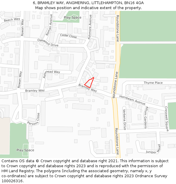 6, BRAMLEY WAY, ANGMERING, LITTLEHAMPTON, BN16 4GA: Location map and indicative extent of plot