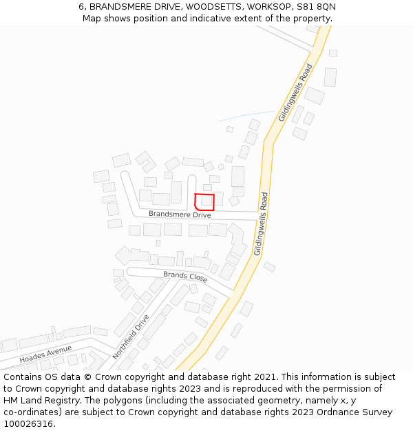 6, BRANDSMERE DRIVE, WOODSETTS, WORKSOP, S81 8QN: Location map and indicative extent of plot