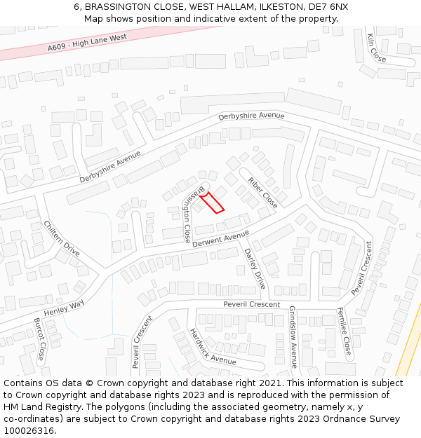 6, BRASSINGTON CLOSE, WEST HALLAM, ILKESTON, DE7 6NX: Location map and indicative extent of plot