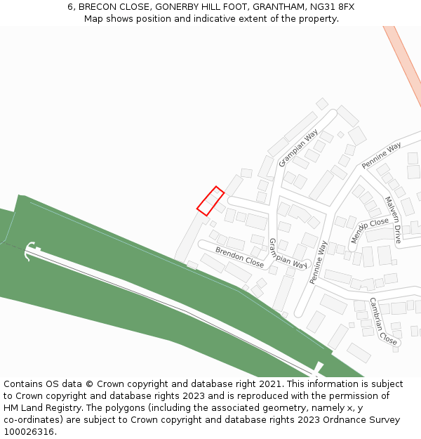 6, BRECON CLOSE, GONERBY HILL FOOT, GRANTHAM, NG31 8FX: Location map and indicative extent of plot