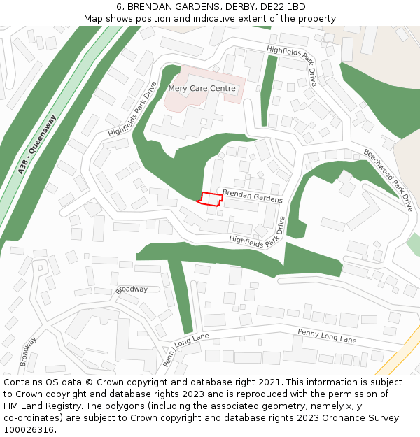 6, BRENDAN GARDENS, DERBY, DE22 1BD: Location map and indicative extent of plot