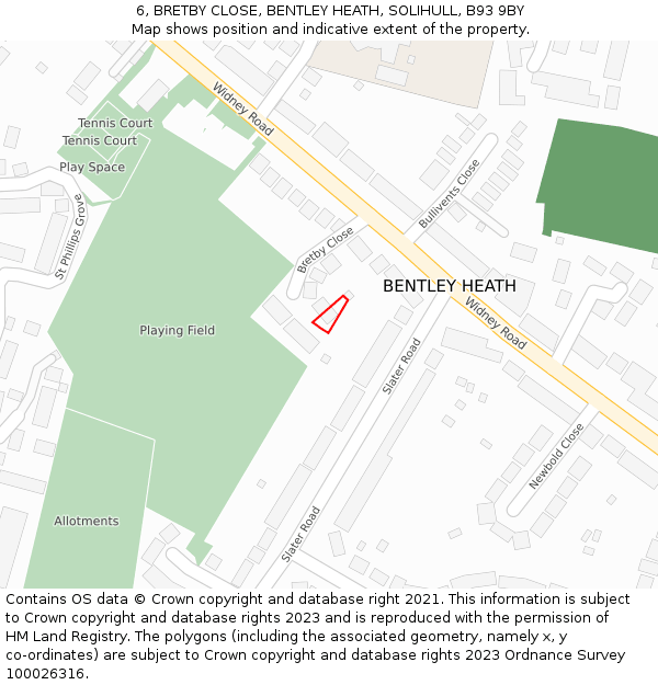 6, BRETBY CLOSE, BENTLEY HEATH, SOLIHULL, B93 9BY: Location map and indicative extent of plot