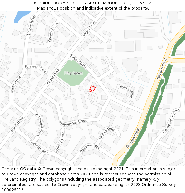 6, BRIDEGROOM STREET, MARKET HARBOROUGH, LE16 9GZ: Location map and indicative extent of plot
