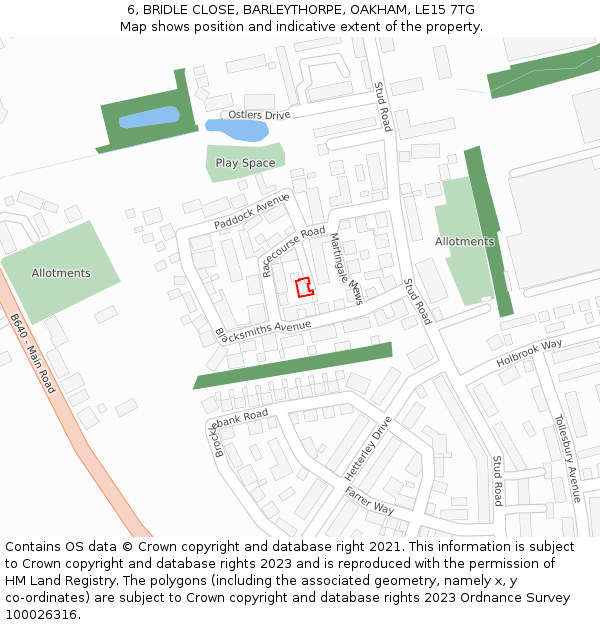 6, BRIDLE CLOSE, BARLEYTHORPE, OAKHAM, LE15 7TG: Location map and indicative extent of plot