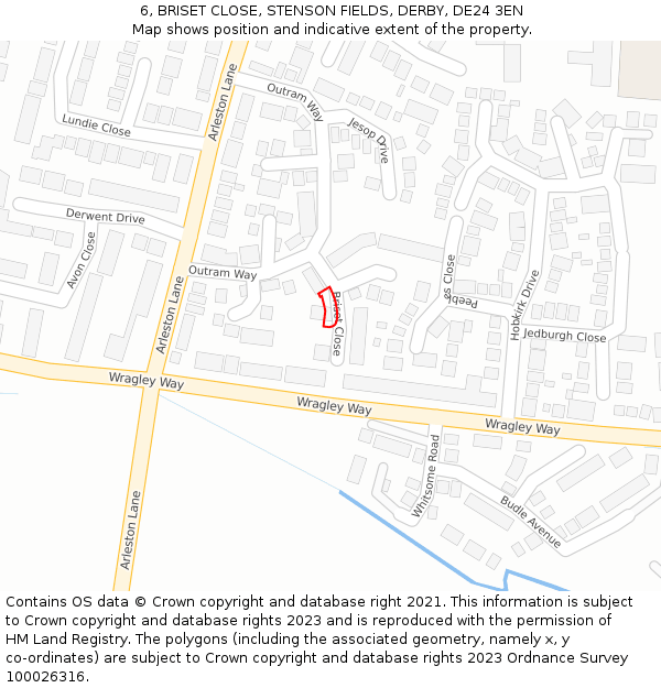 6, BRISET CLOSE, STENSON FIELDS, DERBY, DE24 3EN: Location map and indicative extent of plot