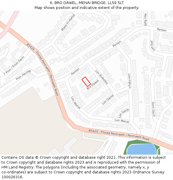 6, BRO DAWEL, MENAI BRIDGE, LL59 5LT: Location map and indicative extent of plot