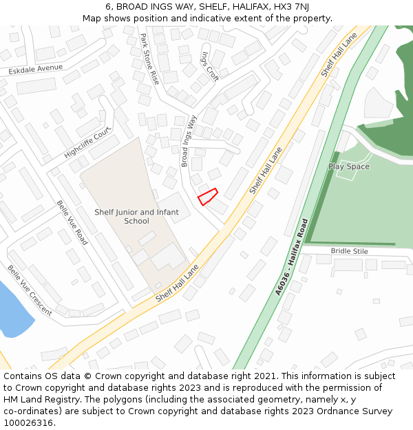 6, BROAD INGS WAY, SHELF, HALIFAX, HX3 7NJ: Location map and indicative extent of plot