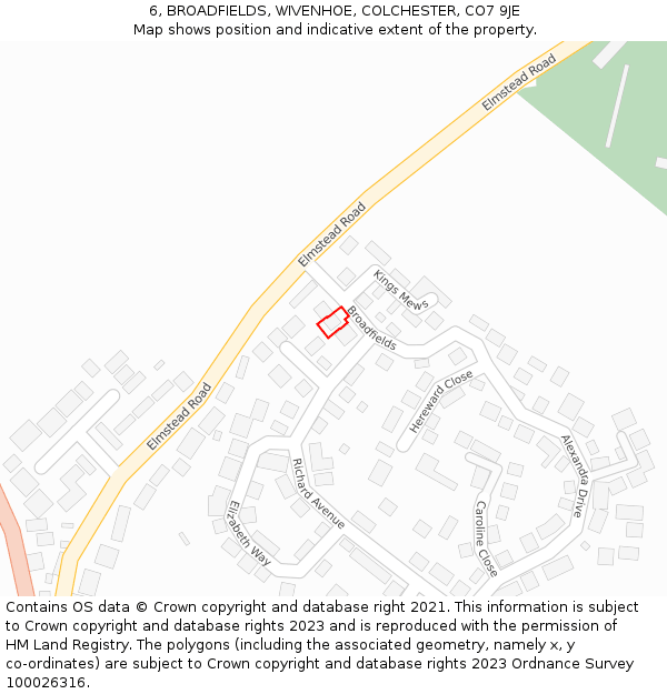 6, BROADFIELDS, WIVENHOE, COLCHESTER, CO7 9JE: Location map and indicative extent of plot