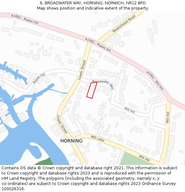 6, BROADWATER WAY, HORNING, NORWICH, NR12 8PD: Location map and indicative extent of plot