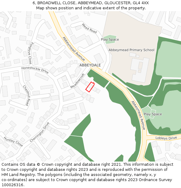 6, BROADWELL CLOSE, ABBEYMEAD, GLOUCESTER, GL4 4XX: Location map and indicative extent of plot