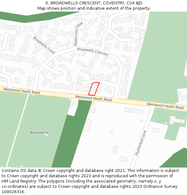 6, BROADWELLS CRESCENT, COVENTRY, CV4 8JD: Location map and indicative extent of plot
