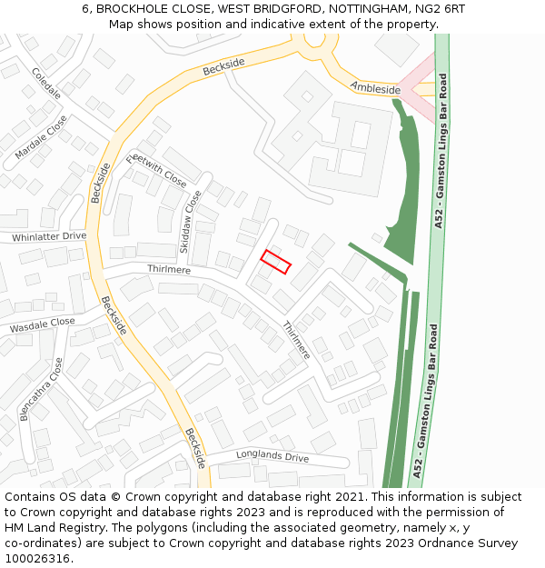 6, BROCKHOLE CLOSE, WEST BRIDGFORD, NOTTINGHAM, NG2 6RT: Location map and indicative extent of plot