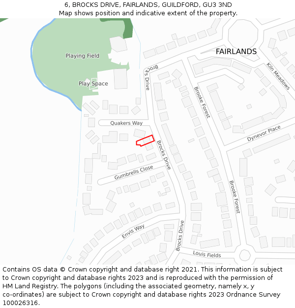 6, BROCKS DRIVE, FAIRLANDS, GUILDFORD, GU3 3ND: Location map and indicative extent of plot