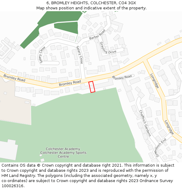 6, BROMLEY HEIGHTS, COLCHESTER, CO4 3GX: Location map and indicative extent of plot