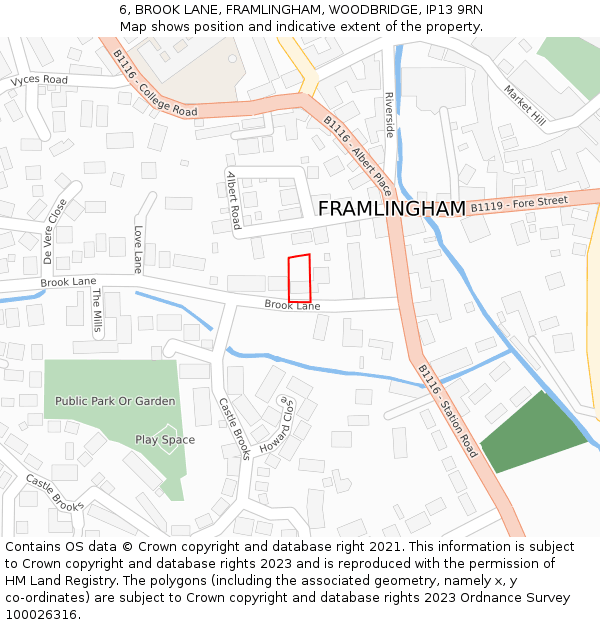 6, BROOK LANE, FRAMLINGHAM, WOODBRIDGE, IP13 9RN: Location map and indicative extent of plot