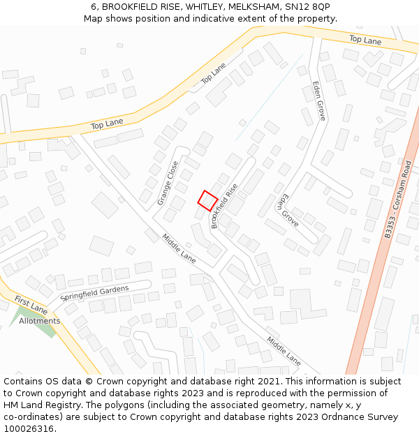 6, BROOKFIELD RISE, WHITLEY, MELKSHAM, SN12 8QP: Location map and indicative extent of plot