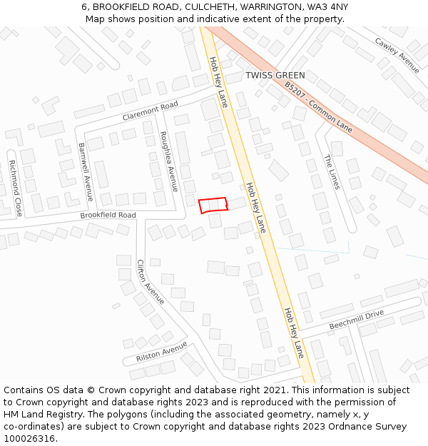 6, BROOKFIELD ROAD, CULCHETH, WARRINGTON, WA3 4NY: Location map and indicative extent of plot