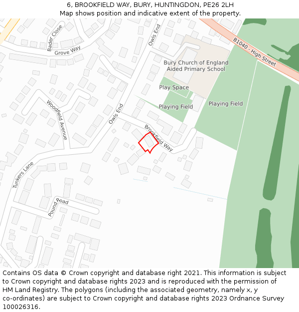 6, BROOKFIELD WAY, BURY, HUNTINGDON, PE26 2LH: Location map and indicative extent of plot