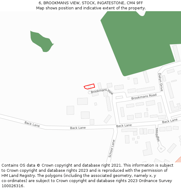 6, BROOKMANS VIEW, STOCK, INGATESTONE, CM4 9FF: Location map and indicative extent of plot