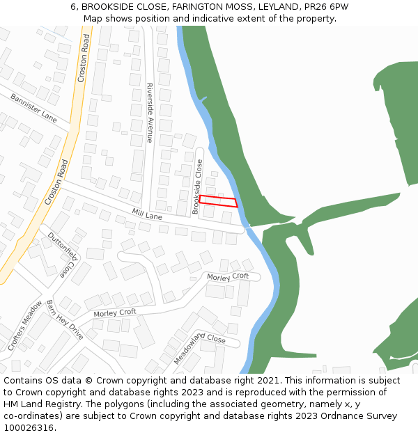 6, BROOKSIDE CLOSE, FARINGTON MOSS, LEYLAND, PR26 6PW: Location map and indicative extent of plot