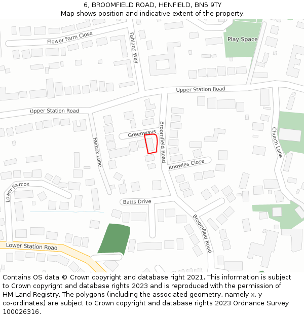 6, BROOMFIELD ROAD, HENFIELD, BN5 9TY: Location map and indicative extent of plot