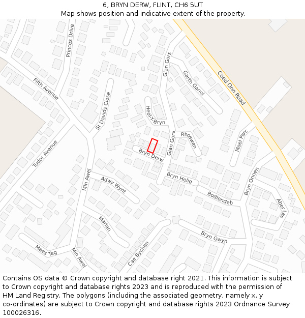 6, BRYN DERW, FLINT, CH6 5UT: Location map and indicative extent of plot
