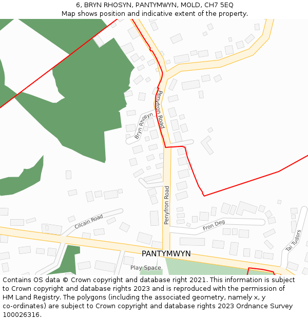 6, BRYN RHOSYN, PANTYMWYN, MOLD, CH7 5EQ: Location map and indicative extent of plot