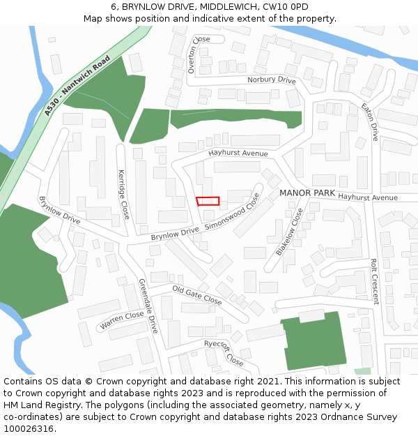 6, BRYNLOW DRIVE, MIDDLEWICH, CW10 0PD: Location map and indicative extent of plot
