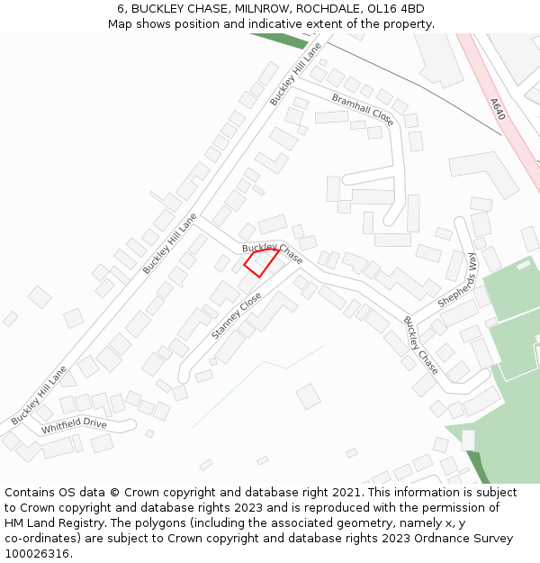 6, BUCKLEY CHASE, MILNROW, ROCHDALE, OL16 4BD: Location map and indicative extent of plot