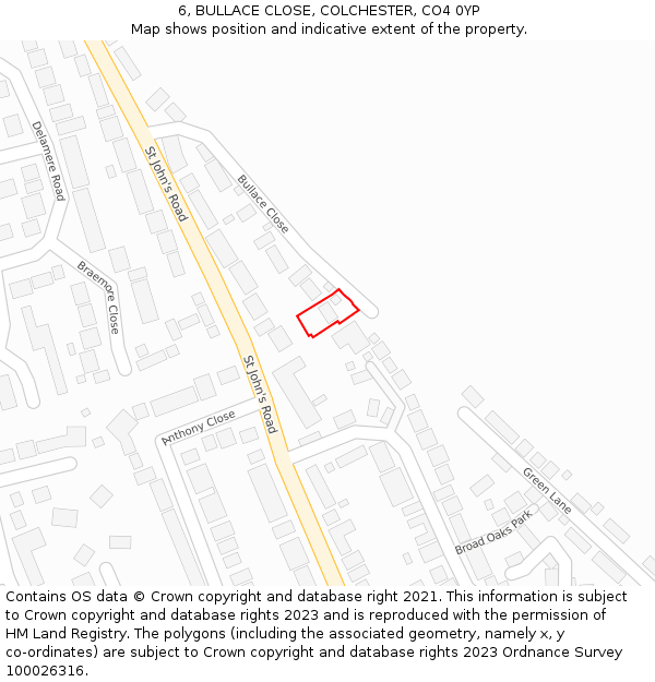 6, BULLACE CLOSE, COLCHESTER, CO4 0YP: Location map and indicative extent of plot