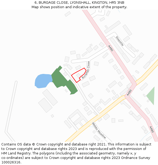6, BURGAGE CLOSE, LYONSHALL, KINGTON, HR5 3NB: Location map and indicative extent of plot