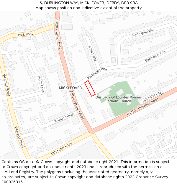6, BURLINGTON WAY, MICKLEOVER, DERBY, DE3 9BA: Location map and indicative extent of plot