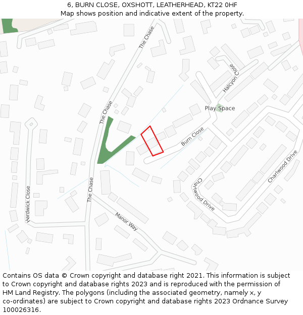 6, BURN CLOSE, OXSHOTT, LEATHERHEAD, KT22 0HF: Location map and indicative extent of plot