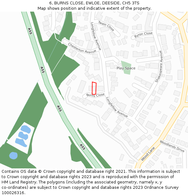 6, BURNS CLOSE, EWLOE, DEESIDE, CH5 3TS: Location map and indicative extent of plot