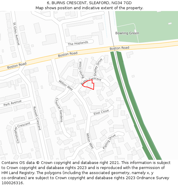 6, BURNS CRESCENT, SLEAFORD, NG34 7GD: Location map and indicative extent of plot