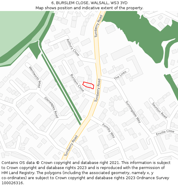 6, BURSLEM CLOSE, WALSALL, WS3 3YD: Location map and indicative extent of plot