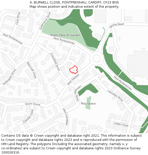 6, BURWELL CLOSE, PONTPRENNAU, CARDIFF, CF23 8NS: Location map and indicative extent of plot